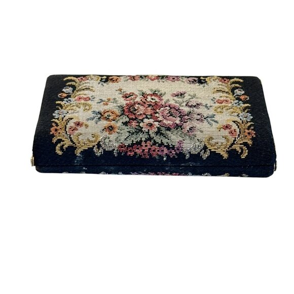 Vintage Box Style Floral Tapestry Carpet Gold Tone Barrel Clasp Clutch Purse - Picture 3 of 5
